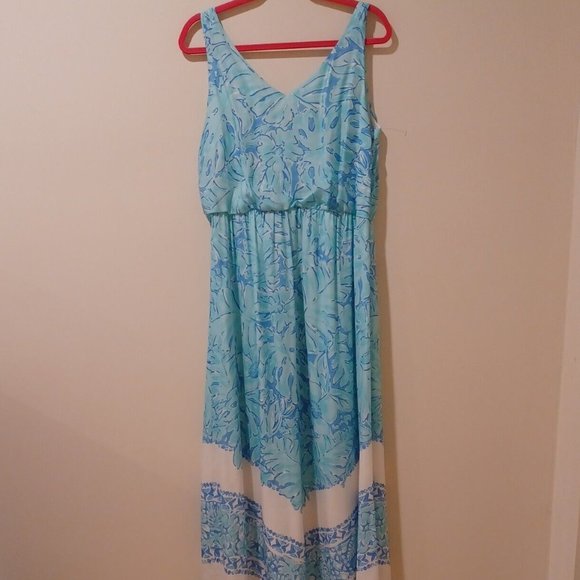 NWOT Vineyard Vines Silk Palm Leaf Scarf Print Maxi Dress Capri Blue Lined - Picture 5 of 7